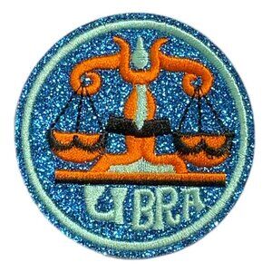 Glitter Embroidered Round Libra Zodiac Iron On Patch Blue Orange Black